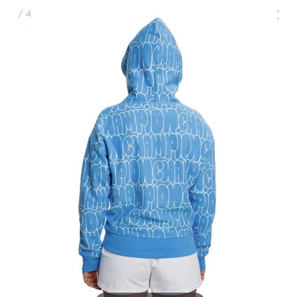Champion Reverse Weave Hoodie Womens Sz M Blue Bubble Letter All Over Logo Y2K - Picture 4 of 8